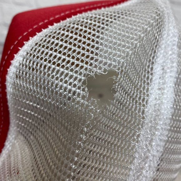 Vintage Farmer Hat Mesh Rope Cap Red White BROMOX Herbicide - DEFECT HOLE Item#2 - Picture 9 of 9